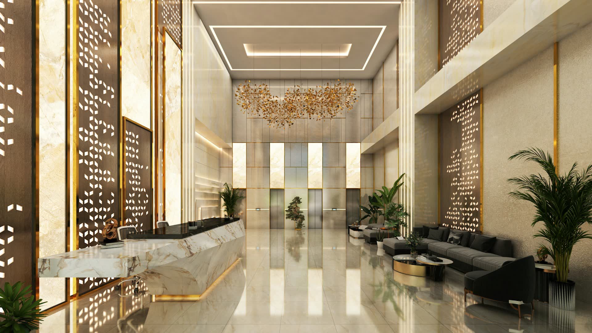 Modern hotel lobby with a marble reception desk