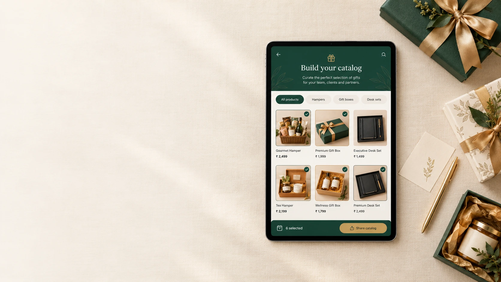 Tablet on cream linen beside green and gold wrapped gifts, showing the catalog builder with six gifts selected