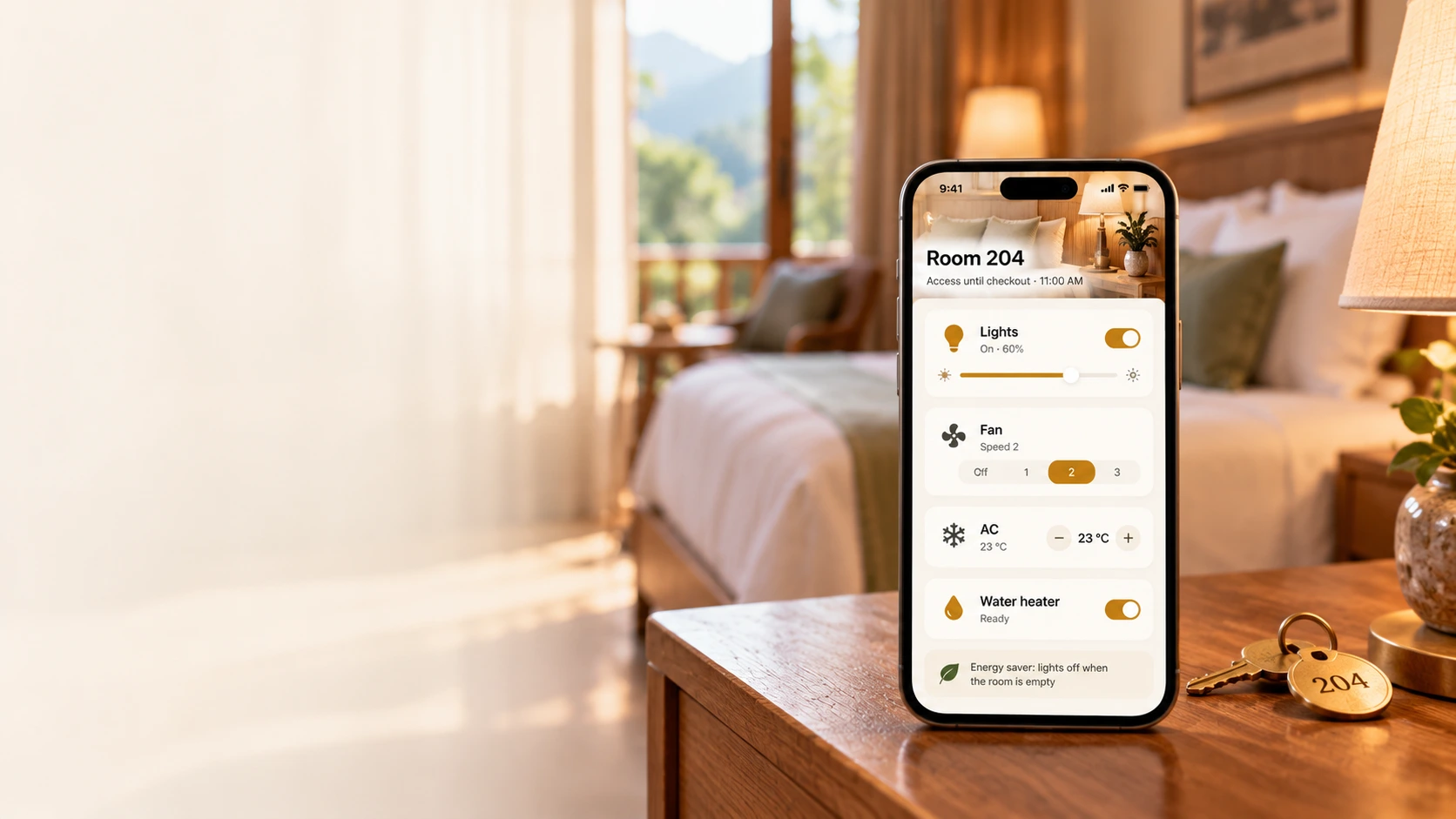 Phone on a hotel bedside table showing Room 204 controls for lights, fan, AC and water heater, beside a brass room key