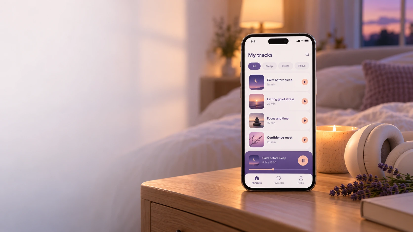 Phone on a bedside table at dusk, showing the audio track library beside headphones, a candle and lavender
