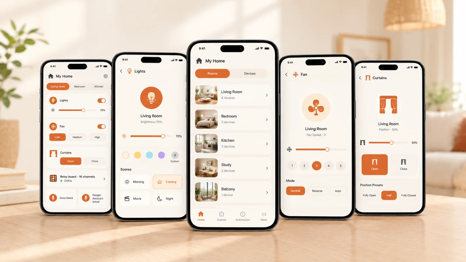 Smart home app screens showing room, light, fan and curtain controls with Alexa and Google Assistant linked.